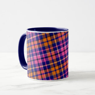 Caneca Azul Marinho Rosa Laranja Xadrez Design de Tartan