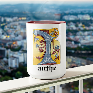 Caneca Azul medieval e maré vermelha iluminada - Letra I