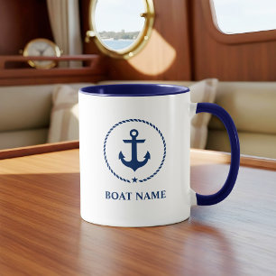 Caneca Azul náutico da corda da âncora do nome do barco