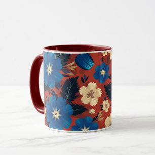Caneca Azul Negrito e Creme Floral em Fundo Vermelho