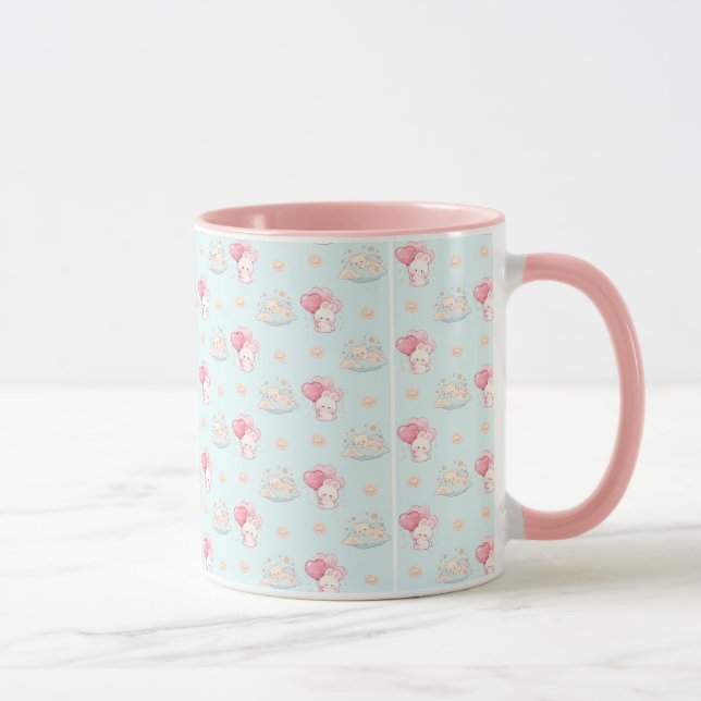 Caneca Azul Pastel de Coelho Kawaii Fofo e Urso So (Direita)