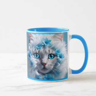 Caneca azul regular com gato branco lindo