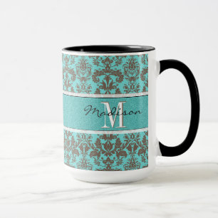 Caneca Azul Turquesa Teal e Damasco Castanho, Personaliza