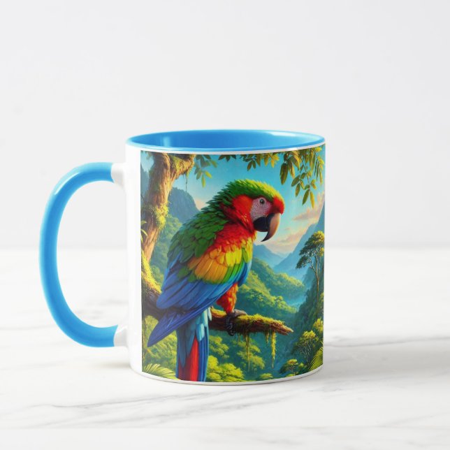 Caneca Azul Verde Papagaio Tropical Colorido (Esquerda)