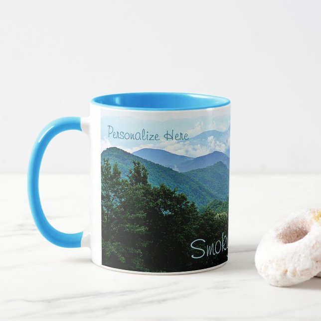 Caneca Azul Verde Personalizada das Montanhas Somb (Com Donut)