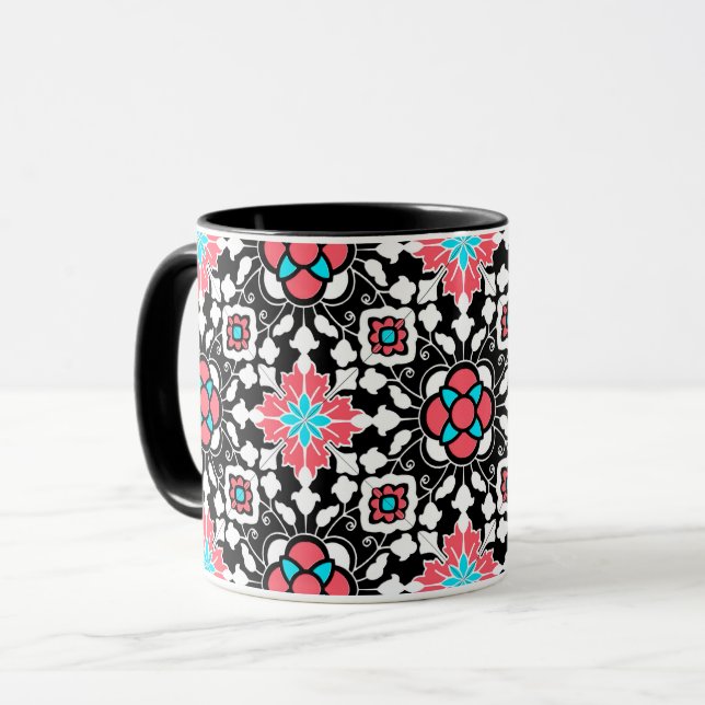 Caneca Azulejo floral marroquino, preto, branco e rosa-co (Frente Esquerda)
