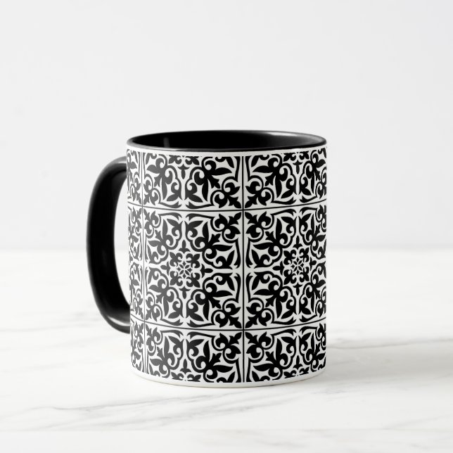 Caneca Azulejo marroquino, branco com fundo preto (Frente Esquerda)