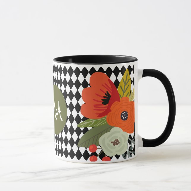 Caneca Azulejos e Flores de Harlequin, Monograma Personal (Direita)
