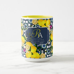 Caneca Azulejos Mediterrâneos de Limão Azul Naval Branco