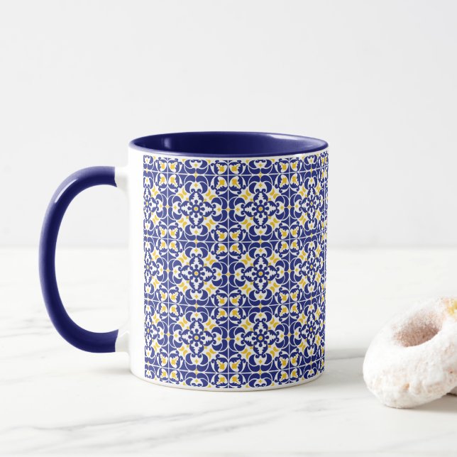 Caneca Azulejos mediterrânicos Padrão Azul e Amarelo (Com Donut)