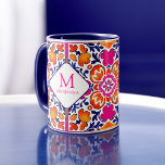 Caneca Azulejos mexicanos cor-de-laranja-rosa, cor-de-ros<br><div class="desc">Monograma Azul cor-de-laranja cor-de-rosa azulejos mexicanos personalizados mug de nome. As cores brilhantes para a ocasião especial podem ser presentes,  donativos de damas de honra,  favores de noiva ou qualquer presente</div>
