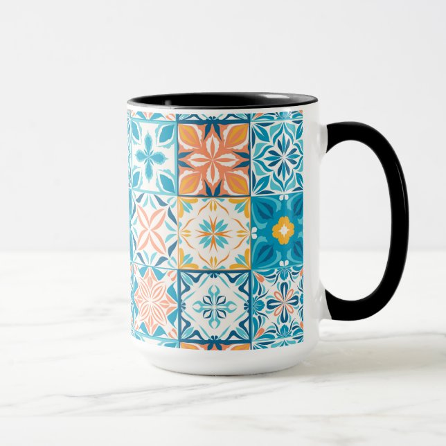 Caneca azulejos ornamentados em azul e laranja (Direita)