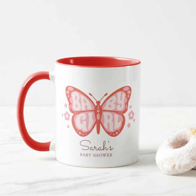 Caneca Baby Girl Pink Butterfly Chá de fraldas Convite (Com Donut)