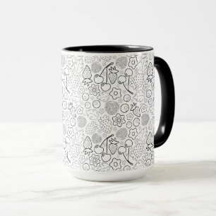 Caneca Baga Morango Cereja Preta Desenhada à mão Moderna.