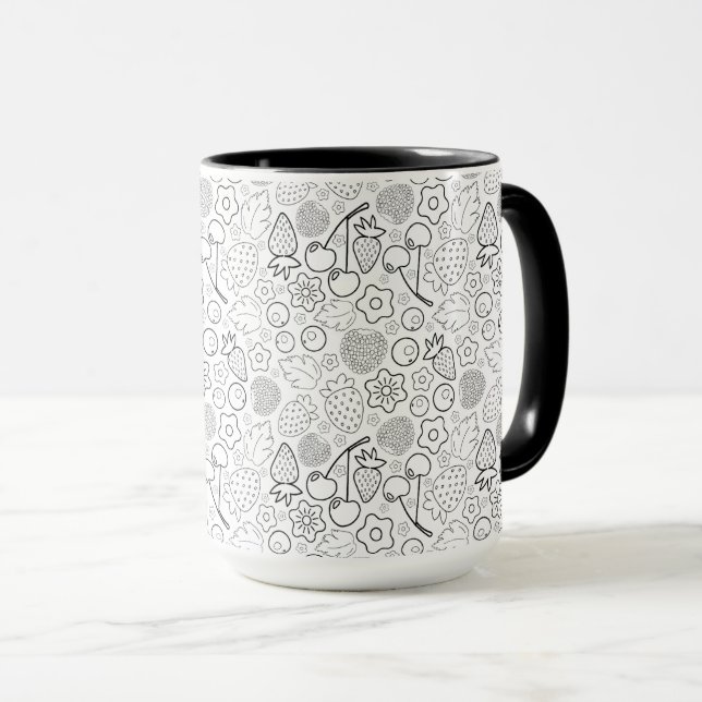 Caneca Baga Morango Cereja Preta Desenhada à mão Moderna. (Frente Esquerda)