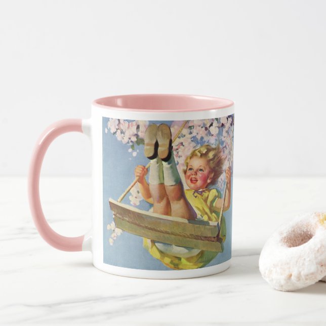 Caneca Balanço Antigo, Menina Balançando em um Balanço de (Com Donut)