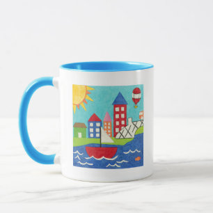Caneca Balão de vela e ar quente com paisagem urbana
