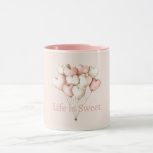 Caneca Balões de Coração de Creme Branco Rosa A Vida é Do