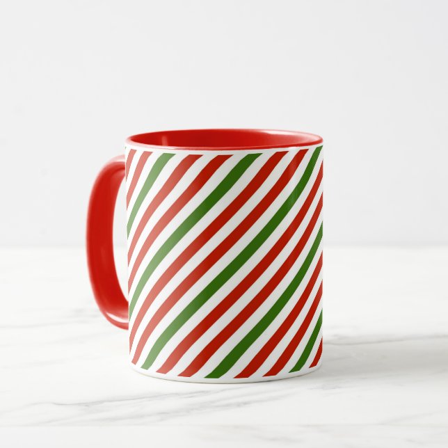 Caneca Bandas de Natal Festivas, vermelhas e verdes, (Frente Esquerda)