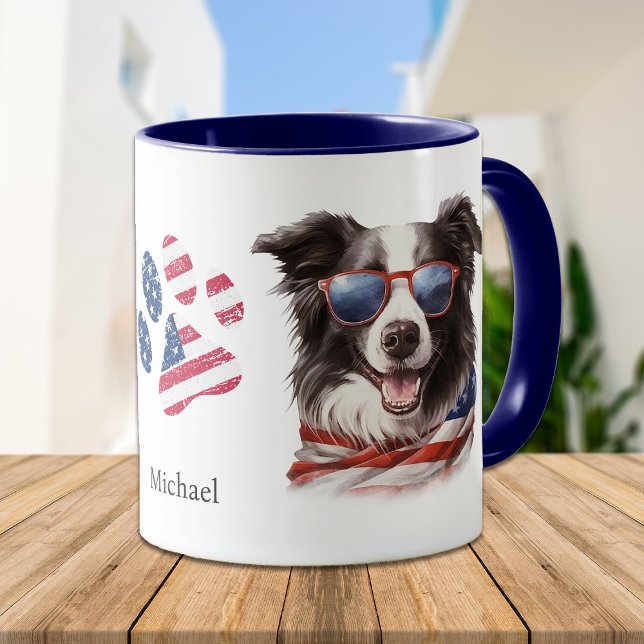 Caneca Bandeira Americana Patriótica Borda Collie Dog (Criador carregado)