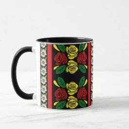 Caneca Barco Estreito Rosas Amarelas Vermelhas Padrão Flo