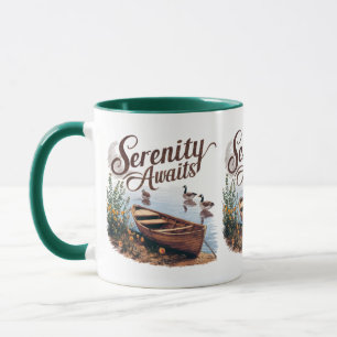 Caneca Barco Sereno no Lago com Gansos e Flores Silvestre