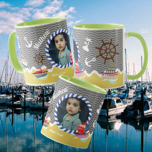 Caneca Barcos Divertidos Foto Cinza Amarelo