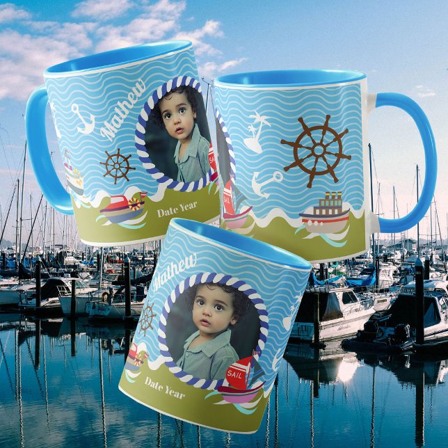 Caneca Barcos Divertidos Foto Verde Azul (Boys Birthday Mug
Fun Boats Photo Green Blue Mug)