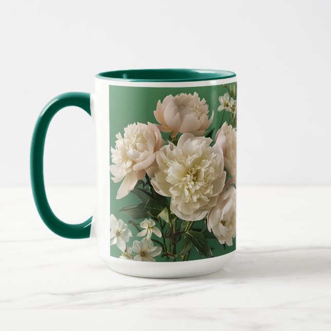 Caneca Beautiful White & Pink Peonies Name Monogram (Esquerda)