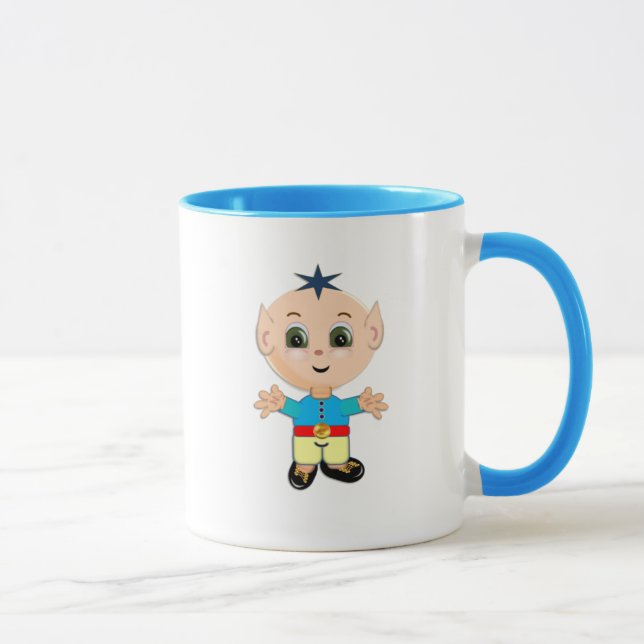 Caneca Bebê elfo fofo desenho animado em azul e amarelo (Direita)