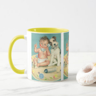 Caneca Bebê Fofo Antigo Falando no Telefone Cachorrinho
