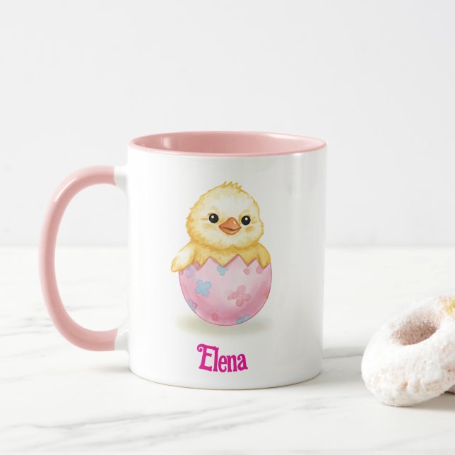 Caneca Bebê Frango Fofo Água-Marinha Páscoa Nome Personal (Com Donut)