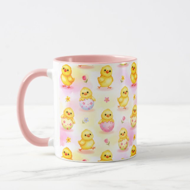 Caneca Bebê Frango Fofo Aquarela Padrão Rosa de Páscoa (Esquerda)