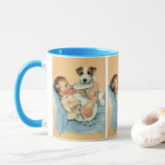 Caneca Bebê Menino Fofo Antigo com Mamadeira e Cachorro (Com Donut)