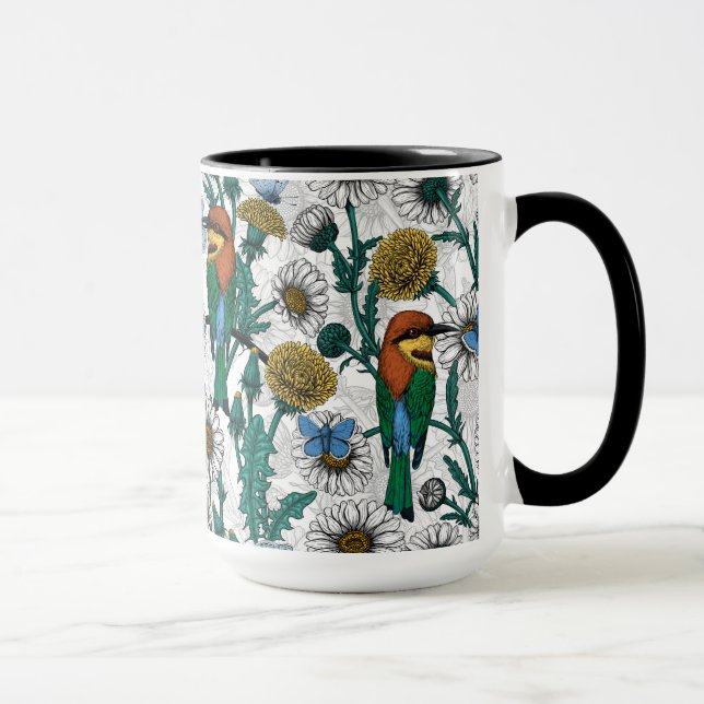 Caneca Bee-eaters, blue butterflies and daisies on white (Direita)