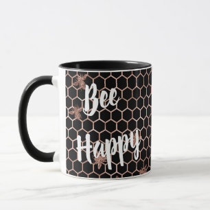 Caneca Bee Happy Rosa Dourado e Black Honeycomb
