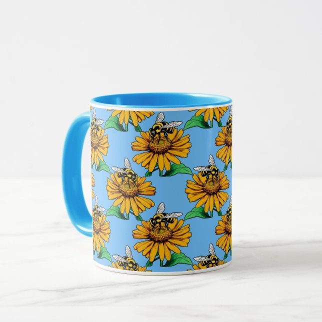 Caneca Bee on Sunflower Flower Pattern Design Blue  (Frente Esquerda)