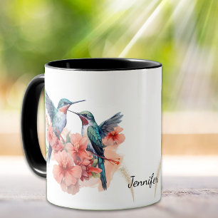 Caneca Beija-flores de Garganta Vermelha Floral Laranja