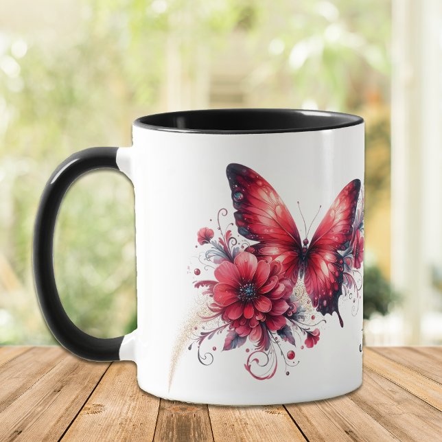Caneca Bela Borboleta Floral de Fantasia Vermelha (Criador carregado)