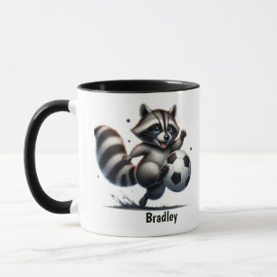 Caneca Bela diversão Animal Humor Raccoon Jogando Futebol