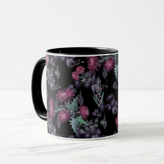 Caneca belas flores vermelhas de crisântemo folhas verdes (Frente Esquerda)
