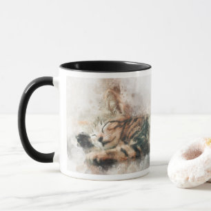 Caneca Belo e bonito gatinho dormindo aquarela