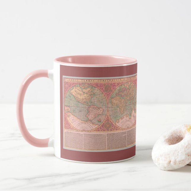 Caneca Belo Mapa Antigo do Mundo com Texto em Latim (Com Donut)