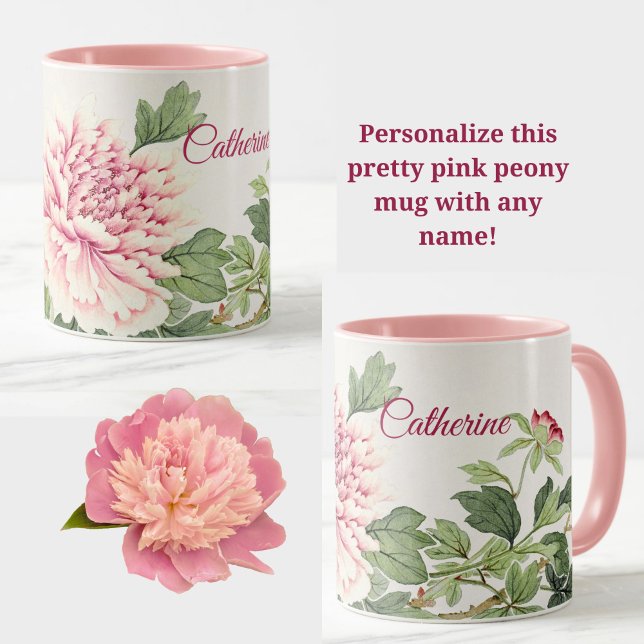 Caneca Belo nome personalizado romântico de pénia rosa (A personalized name mug with a pretty pink peony floral design! Very elegant!)