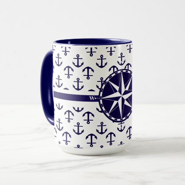 Caneca Belo padrão de âncora azul tema náutico (Frente Esquerda)