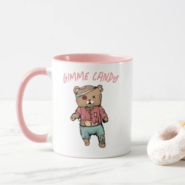 Caneca Belo Urso Rosa Zombie Gimme Candy Halloween (Com Donut)