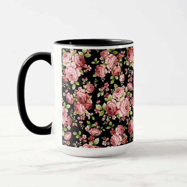 Caneca Belos Rosas de Padrão Floral com Folhagem Verde (Esquerda)