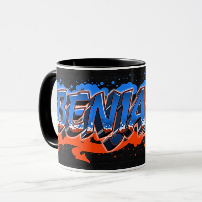 Caneca Benjamin Vorname Name Graffiti blue orange Tasse (Frente Esquerda)