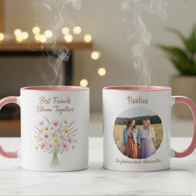Caneca Best Friends Bloom Together Floral Birthday Gift (Best friend floral photo coffee mug)