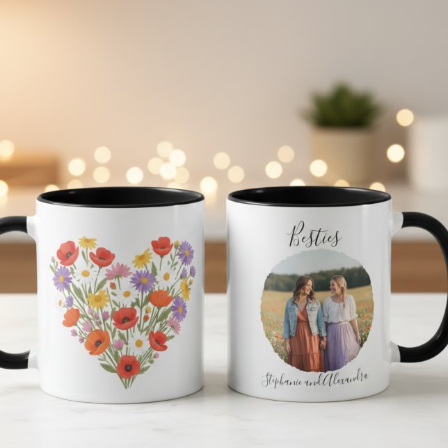 Caneca Best Friends Mug - Wildflower Photo Gift (Floral heart best friend photo coffee mug)